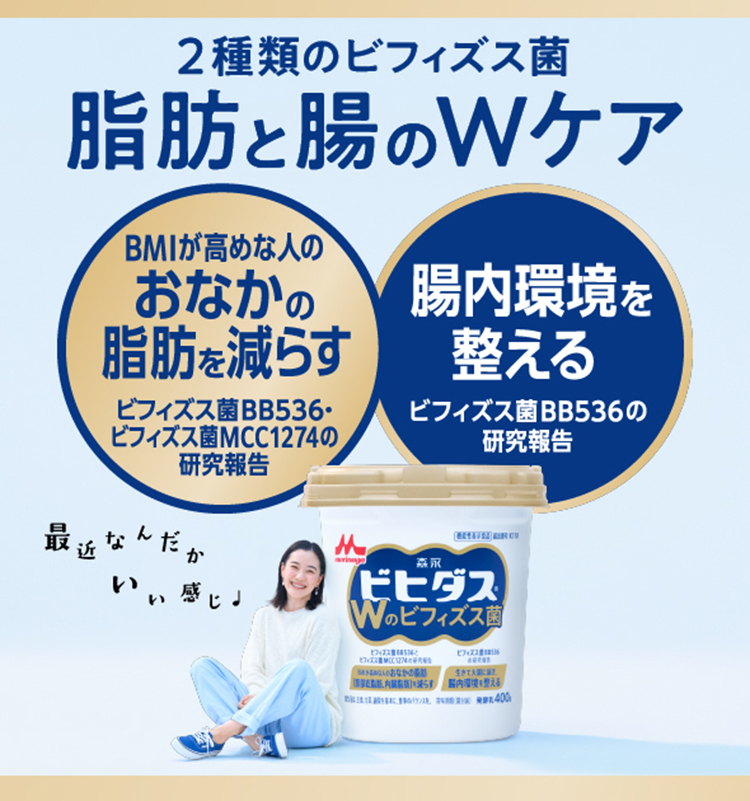 2種類のビフィズス菌 脂肪と腸のWケア BMIが高めな人のおなかの脂肪を減らす ビフィズス菌BB536・ビフィズス菌MCC1274の研究報告 腸内環境を整える ビフィズス菌BB536の研究報告