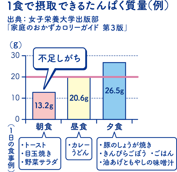 1食で摂取できるたんぱく質量（例）出典：女子栄養大学出版部「家庭のおかずカロリーガイド第3版」